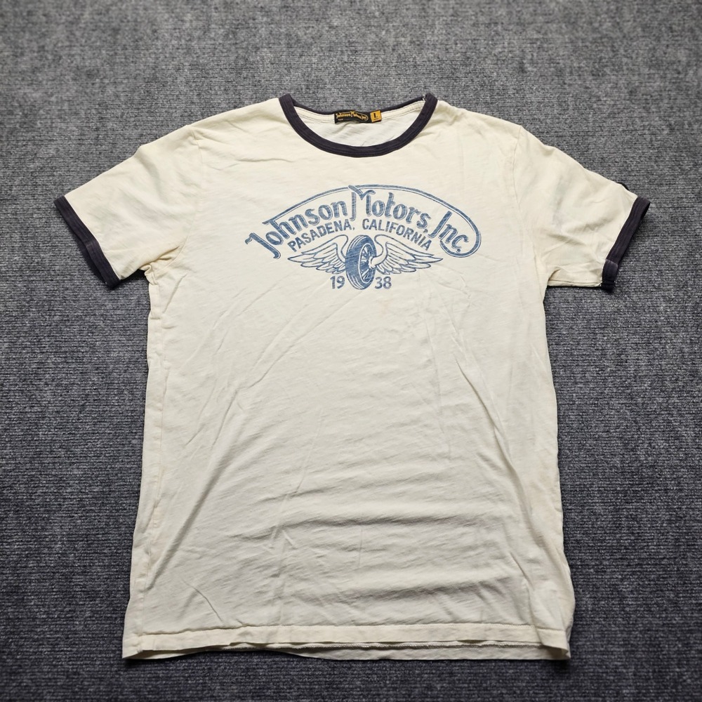 Johnson Motors Inc Pasadena California Ringer Tee Cream Navy Large 7MJ0101